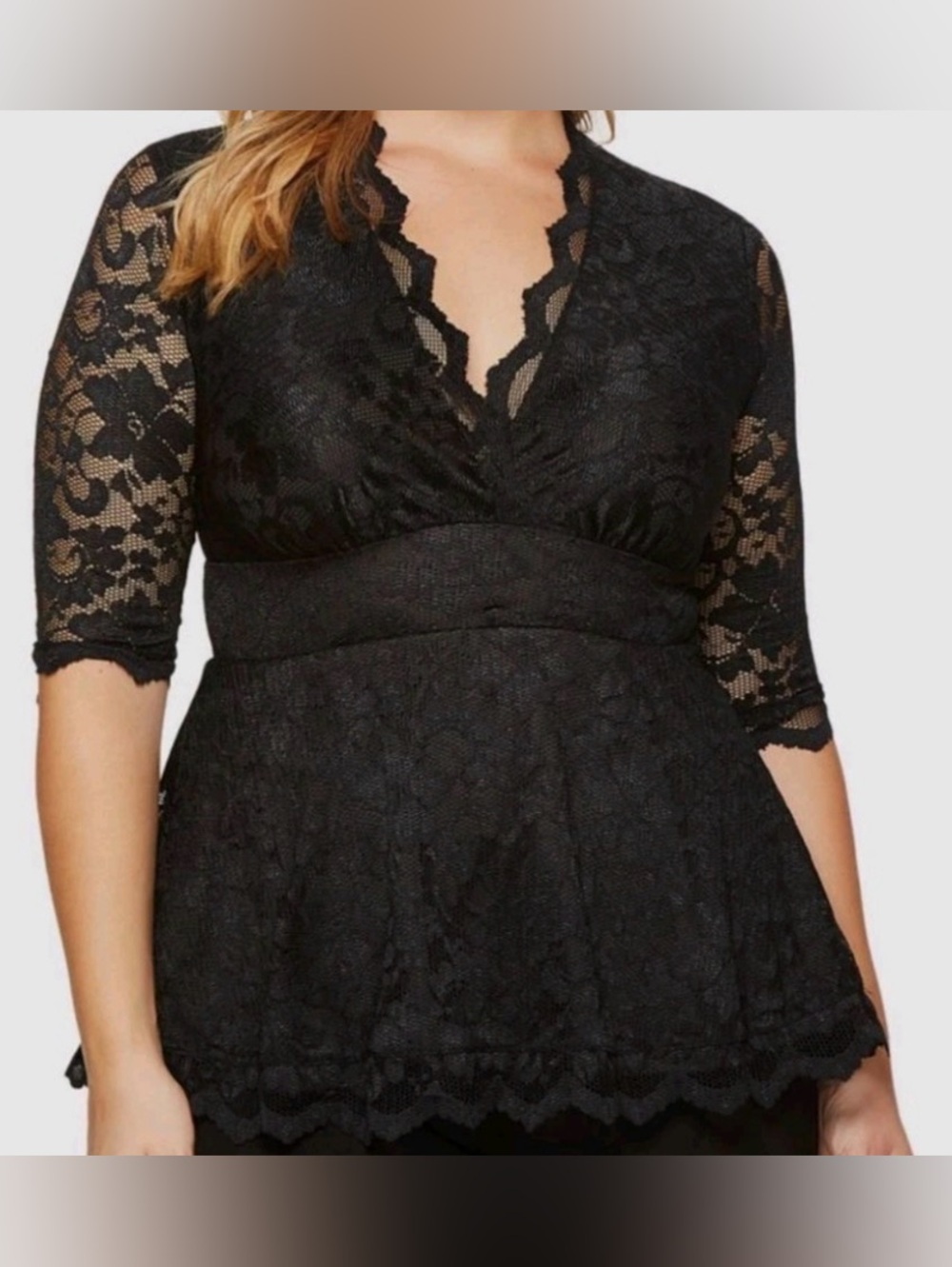 Kiyonna Sz 2X or 18/20 Black Lace Scalloped Boudoir Style Blouse Beige Lining